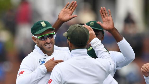 South African players celebrate a wicket on the third day of the second Test against New Zealand on Saturday. (AFP) South African players celebrate a wicket on the third day of the second Test against New Zealand on Saturday. (AFP)