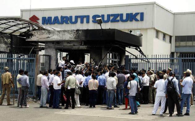 Violence ensued at the Manesar plant of Maruti Suzuki in 2012 after a tussle between workers and the management over various demands.(Manoj Kumar / HTFile Photo)