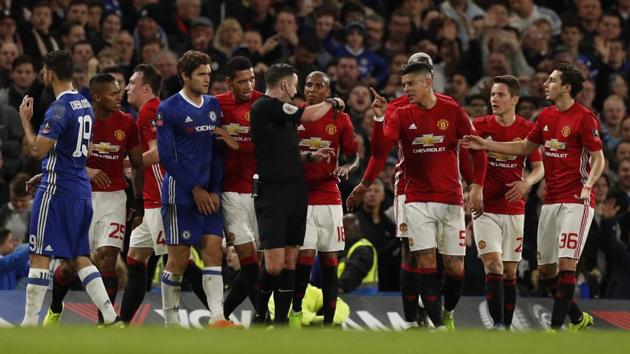 Manchester United’s Ander Herrera was sent off by referee Michael Oliver during their fiery FA Cup quarterfinal clash against Chelsea. (REUTERS) Manchester United’s Ander Herrera was sent off by referee Michael Oliver during their fiery FA Cup quarterfinal clash against Chelsea. (REUTERS)