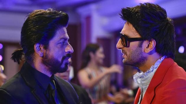 When Shahrukh Khan met Ranveer Singh: The two most energetic actors in Bollywood.  (Satish Bate/ HT Photo) 
