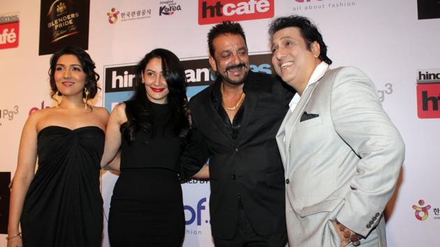 From right: Govinda, Sanjay Dutt, his wife Manyata, and Govinda’s daughter Tina Ahuja pose together at the red carpet at Taj Lands End in Mumbai on March 20, 2016 (Shakti Yadav/ HT Photo) 