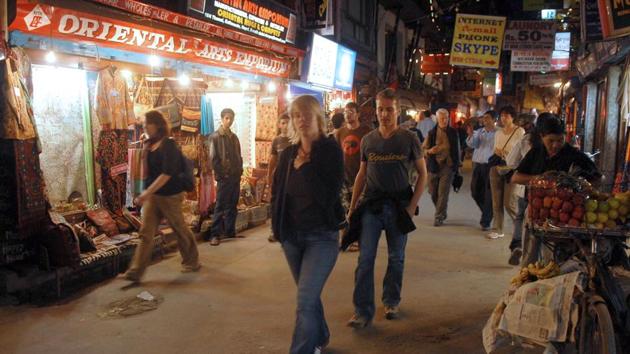 Tourists walk through Thamel in Kathmandu in October, 2008.(AFP)