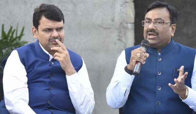 Chief minister Devendra Fadnavis with finance minister Sudhir Mungantiwar at Vidhan Bhavan on Saturday.(Anshuman Poyrekar/HT Photo)