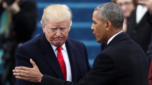 Former President Barack Obama (R) greets President Donald Trump at inauguration ceremonies on the West front of the US Capitol in Washington.(Reuters File Photo)