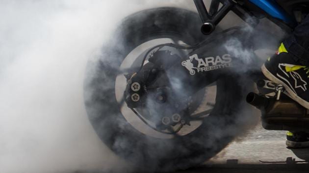 A biker revs up his act. (Satish Bate/HT Photo) 