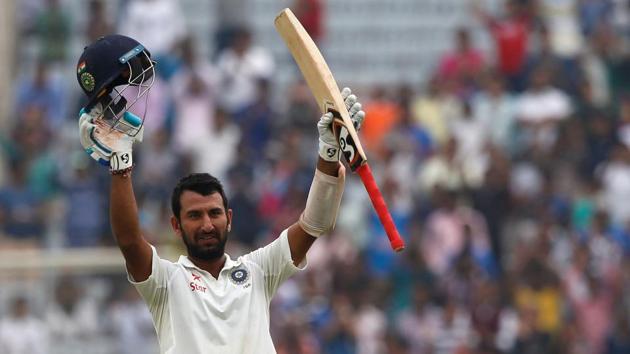 Cheteshwar Pujara celebrates after scoring his double century against Australia. (BCCI)