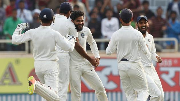 Ravindra Jadeja celebrates after claiming the wicket of Nathan Lyon. (BCCI)