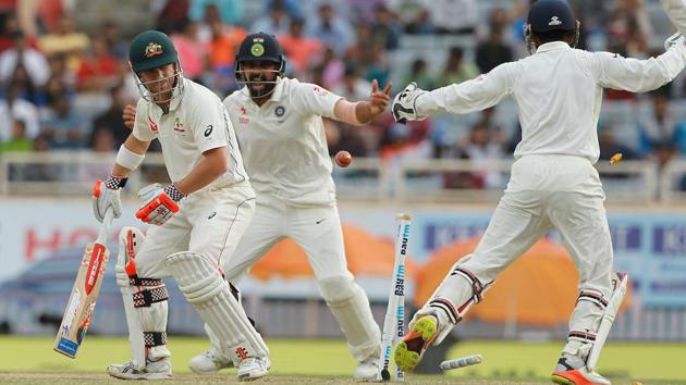 David Warner of Australia is bowled by Ravindra Jadeja of India. (BCCI)