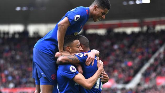 Manchester United F.C. 's Jesse Lingard celebrates scoring their second goal against Middlesbrough F.C. with teammates Ashley Young and Marcus Rashford on Sunday. (REUTERS) Manchester United F.C. 's Jesse Lingard celebrates scoring their second goal against Middlesbrough F.C. with teammates Ashley Young and Marcus Rashford on Sunday. (REUTERS)