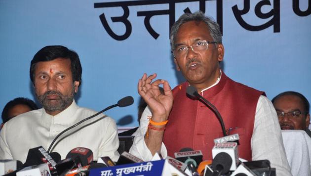 Chief minister Trivendra Singh Rawat addresses the media in Dehradun on Monday. (Vinay Santosh Kumar/HT Photo) Chief minister Trivendra Singh Rawat addresses the media in Dehradun on Monday. (Vinay Santosh Kumar/HT Photo)