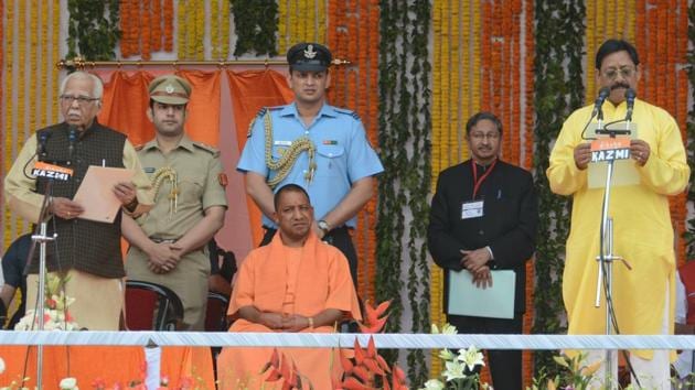 Cricketer-turned-politician Chetan Chauhan being sworn in as a minister in Lucknow on Sunday. (HT Photo) Cricketer-turned-politician Chetan Chauhan being sworn in as a minister in Lucknow on Sunday. (HT Photo)