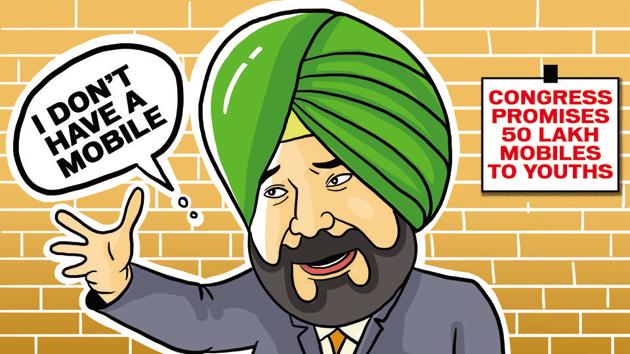 When the Captain Amarinder Singh government fulfills its promise of free 50 lakh smartphones to youth, it should provide one to tourism minister Navjot Singh Sidhu, who told mediapersons that he has no mobile phone and will soon get three phones and numbers, one each for his constituency, media and department.(Illustration by Daljeet Kaur Sandhu/HT)