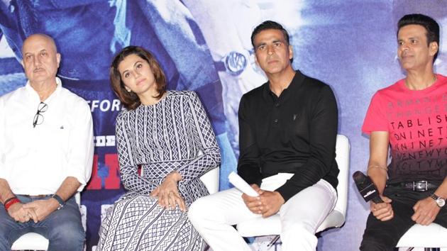 Akshay Kumar, Tapsee Pannu, Manoj Bajpayee and Anupam Kher during a promotional event of Naam Shabana in New Delhi.(IANS)