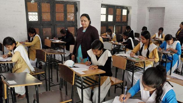 Students appear for annual board exams of high school at a centre in Moradabad(PTI File Photo for representational purpose only)