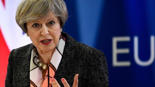 Britain's Prime Minister Theresa May attends a news conference during the EU Summit in Brussels on March 9.(Reuters Photo)