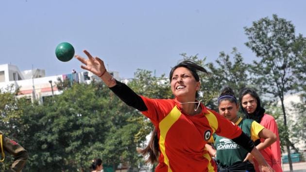 A candidate throwing shot put iron ball during a recruitment rally of Jammu and Kashmir Police (JKP)  , in Jammu, on Monday. JKP has initiated the process for recruitment of constables for five IRP battalions sanctioned by the government.  (Nitin Kanotra / Hindustan Times) 