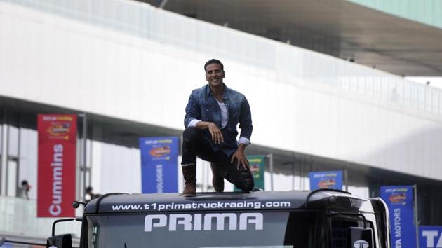 Akshay Kumar at the final day of T1 Prima Truck Racing in Greater Noida’s Budh International Circuit on Sunday.