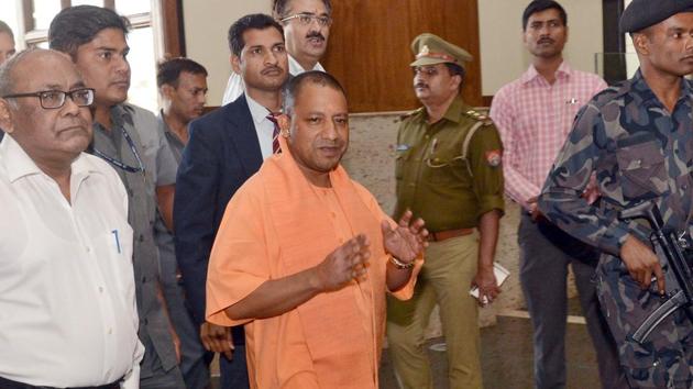 Uttar Pradesh chief minister Yogi Adityanath arriving at the Lok Bahvan for his first meeting after assuming office on Monday, March 20, 2017. (Ashok Dutta / HT Photo) Uttar Pradesh chief minister Yogi Adityanath arriving at the Lok Bahvan for his first meeting after assuming office on Monday, March 20, 2017. (Ashok Dutta / HT Photo)