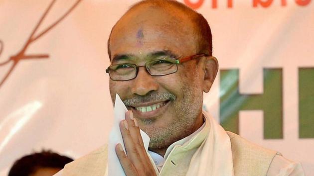 Manipur chief minister N Biren Singh after taking the oath of office in Imphal on Wednesday. (PTI) Manipur chief minister N Biren Singh after taking the oath of office in Imphal on Wednesday. (PTI)