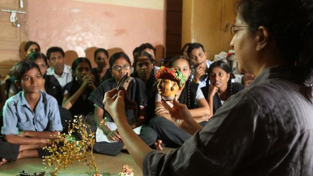 A storytelling workshop in a school has children enraptured by the tales. (Kunal Patil/HT Photo) A storytelling workshop in a school has children enraptured by the tales. (Kunal Patil/HT Photo)