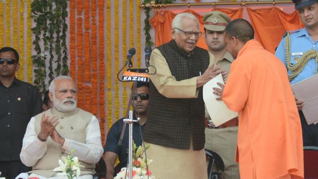 Adityanath after being sworn in as the Uttar Pradesh chief minister in the presence of Prime Minister Narendra Modi, in Lucknow on Sunday. (Ashok Dutta/HT Photo) Adityanath after being sworn in as the Uttar Pradesh chief minister in the presence of Prime Minister Narendra Modi, in Lucknow on Sunday. (Ashok Dutta/HT Photo)