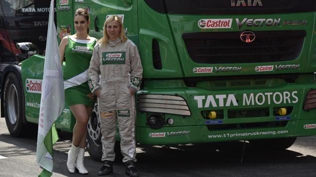 This year there is one female truck driver, Stephanie Halm from Germany.She has been in into motorsports since 1993 and is the first female to claim victory in the European truck racing Championship in 2015. (Virendra Singh Gosain/HT PHOTO)