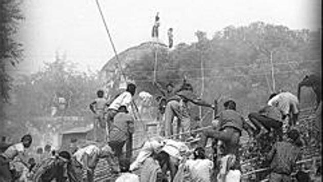 The centuries-old Babri masjid in Ayodhya was demolished by a Hindu mob in December 1992. The Supreme Court on Tuesday suggested an out-of-court settlement in the case.(HT file photo)