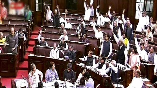 Opposition members protest in the Rajya Sabha in New Delhi. (PTI File Photo) Opposition members protest in the Rajya Sabha in New Delhi. (PTI File Photo)