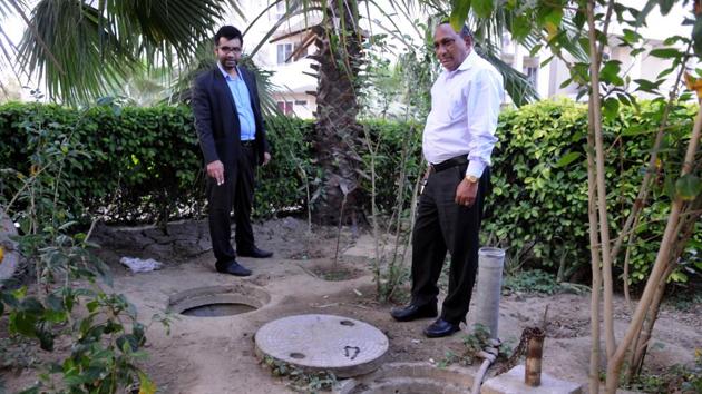 Park View Residency in Sector 3 has three fully operational rainwater harvesting pits. (Parveen Kumar/HT Photo) Park View Residency in Sector 3 has three fully operational rainwater harvesting pits. (Parveen Kumar/HT Photo)