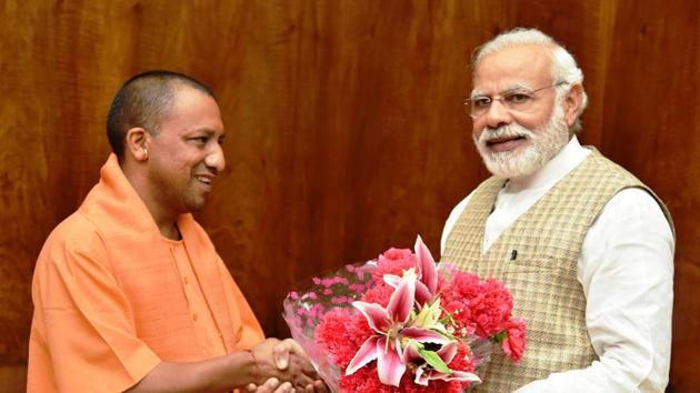 Uttar Pradesh chief minister Yogi Adityanath meet Prime Minister Narendra Modi in New Delhi on Tuesday.(PIB)