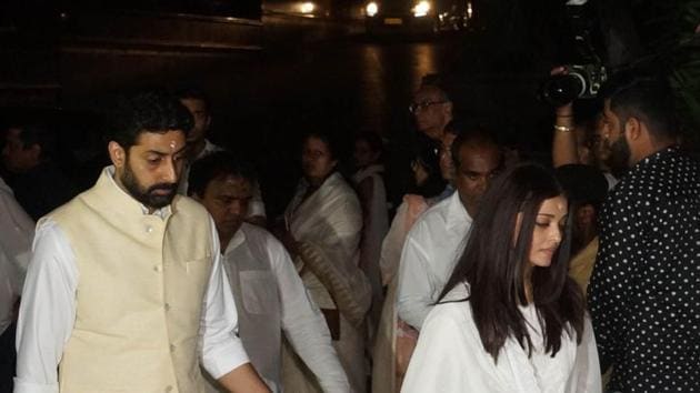 Abhishek and Aishwarya Bachchan at the prayer meet of her dad Krishna Raj in Mumbai. (Photo by Prodip Guha) 