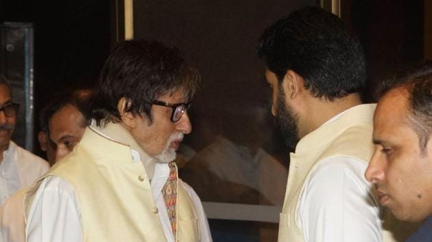 Abhishek and Amitabh Bachchan at the prayer meet for Aishwarya’s dad Krishna Raj. (Photo by Prodip Guha) 