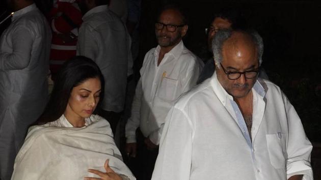 Sridevi and Boney Kapoor arrive for the prayer meet for Aishwarya’s dad Krishna Raj. (Photo by Prodip Guha) 