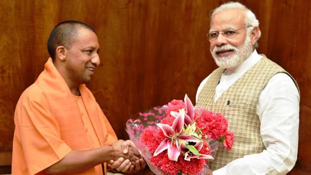 Uttar Pradesh chief minister Yogi Adityanath with Prime Minister Narendra Modi in New Delhi on Tuesday. (PIB) Uttar Pradesh chief minister Yogi Adityanath with Prime Minister Narendra Modi in New Delhi on Tuesday. (PIB)
