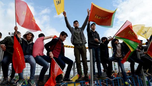 Turkish Kurds wave flags with the lettering 'No' in Turkish and Kurdish. We will continue with our struggle for peace, never giving up our quest for freedom through democratic politics, the jailed co-chairs Selahattin Demirtas and Figen Yuksekdag said in a statement issued by the HDP. (Ilyas Akengin/AFP) Turkish Kurds wave flags with the lettering 'No' in Turkish and Kurdish. We will continue with our struggle for peace, never giving up our quest for freedom through democratic politics, the jailed co-chairs Selahattin Demirtas and Figen Yuksekdag said in a statement issued by the HDP. (Ilyas Akengin/AFP)