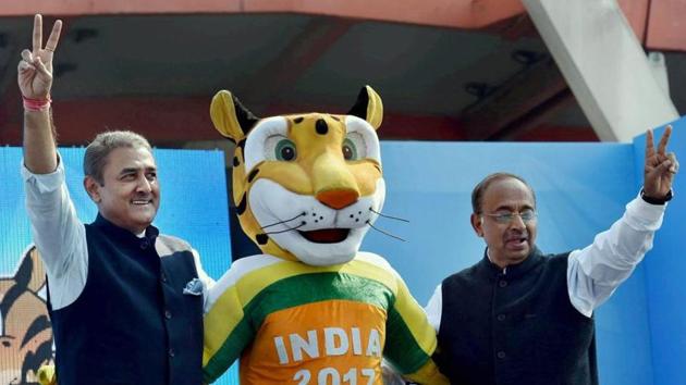 Union Sports Minister Vijay Goyal (right) with All India Football Federation (AIFF) president Praful Patel during the launch of the U-17 FIFA World Cup mascot Kheleo, in New Delhi. (PTI) Union Sports Minister Vijay Goyal (right) with All India Football Federation (AIFF) president Praful Patel during the launch of the U-17 FIFA World Cup mascot Kheleo, in New Delhi. (PTI)