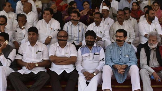 NCP MLAs protest against the suspension outside Vidhan Bhavan on Thursday (Kunal Patil/HT) NCP MLAs protest against the suspension outside Vidhan Bhavan on Thursday (Kunal Patil/HT)