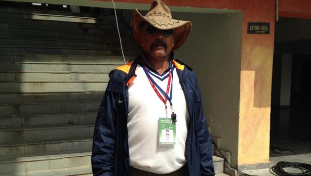 Sunil Chauhan is the curator of the HPCA Stadium pitch that host the India vs Australia Dharamsala Test.(HT Photo)