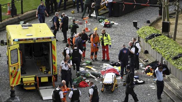 Emergency services at the scene outside the Palace of Westminster, London, on March 22, 2017.(AP Photo)