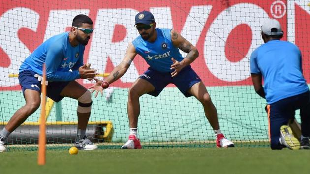 Indian cricket team players practice ahead of the fourth Test match in Dharamsala. (PTI)