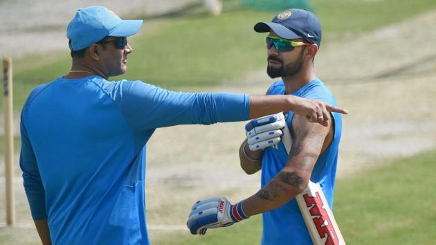 Indian cricket team skipper Virat Kohli with coach Anil Kumble during a practice session. (PTI)
