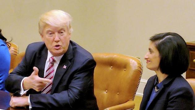 President Donald Trump with Seema Verma, Administrator of the Centres for Medicare and Medicaid Sevices, at a session on healthcare at the White House in Washington DC on Wednesday. (PTI) President Donald Trump with Seema Verma, Administrator of the Centres for Medicare and Medicaid Sevices, at a session on healthcare at the White House in Washington DC on Wednesday. (PTI)