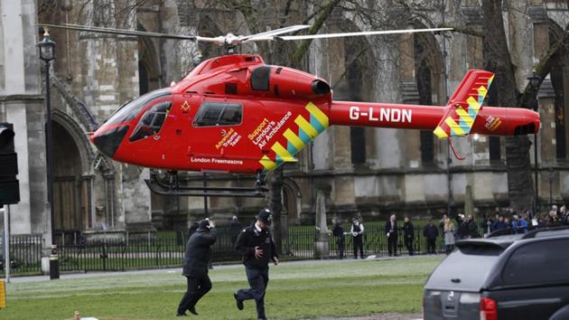 An air ambulance lands in Parliament Square during a terror attack on Westminster Bridge in London on Wednesday. (Reuters) An air ambulance lands in Parliament Square during a terror attack on Westminster Bridge in London on Wednesday. (Reuters)