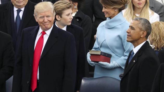Donald Trump looks over at then President Barack Obama before being sworn in as the 45th president of the United States during the 58th presidential inauguration at the US Capitol in Washington. (AP File Photo)