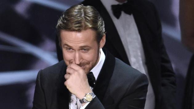 Ryan Gosling reacts as Moonlight is announced as the actual winner of best picture at the Oscars in Los Angeles.(Chris Pizzello/Invision/AP)