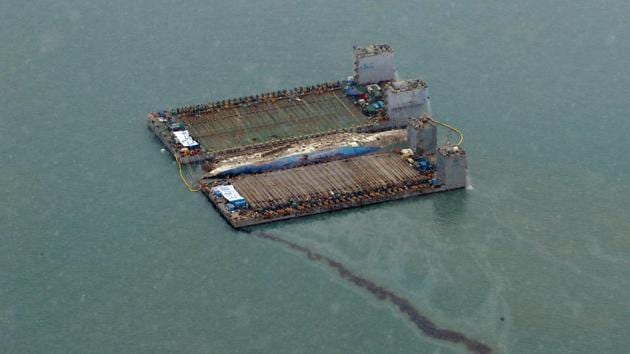 Leaked oil from the sunken ferry Sewol is seen during its salvage operations at the sea off Jindo, South Korea. South Korea’s sunken Sewol ferry emerged from the waters Thursday, nearly three years after it went down with the loss of more than 300 lives and dealt a crushing blow to now-ousted president Park Geun-Hye. (REUTERS) Leaked oil from the sunken ferry Sewol is seen during its salvage operations at the sea off Jindo, South Korea. South Korea’s sunken Sewol ferry emerged from the waters Thursday, nearly three years after it went down with the loss of more than 300 lives and dealt a crushing blow to now-ousted president Park Geun-Hye. (REUTERS)