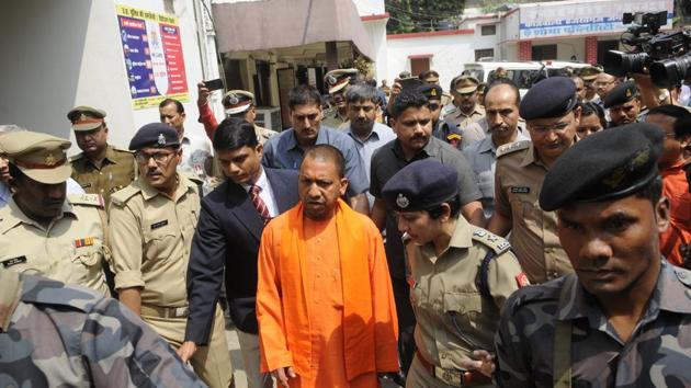 CM Aditya Nath Yogi during a surprise inspection at Hazratganj police station. (HT Photo) CM Aditya Nath Yogi during a surprise inspection at Hazratganj police station. (HT Photo)
