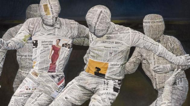 Indonesian artist Budi Ubrux’s striking oil paintings are recognisable by the faceless figures wrapped in newspapers. The unusual portrayal is a satirical comment on the “untruthful nature of news coverage”.(Great Banyan Art)