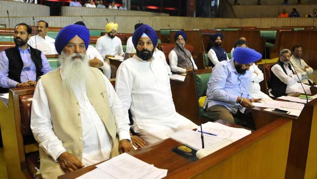 Shiromani Akali Dal MLAs in the Punjab Vidhan Sabha on the first day of the maiden session of the 14th assembly on Friday, March 24. (Keshav Singh/HT)