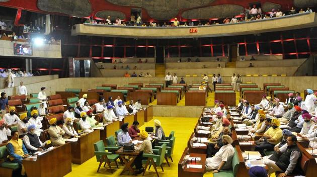 Inside the Punjab Vidhan Sabha on the first day of the first session of the 15th assembly, in Chandigarh on Friday, March 24. (Keshav Singh/HT) Inside the Punjab Vidhan Sabha on the first day of the first session of the 15th assembly, in Chandigarh on Friday, March 24. (Keshav Singh/HT)